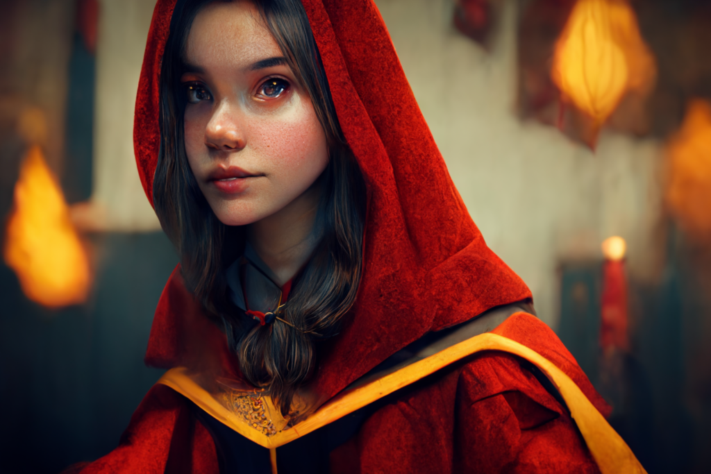 wizard, cute student girl, red robe, medieval magic school, ultra realistic, octane render, cinematic, --ar 7:5