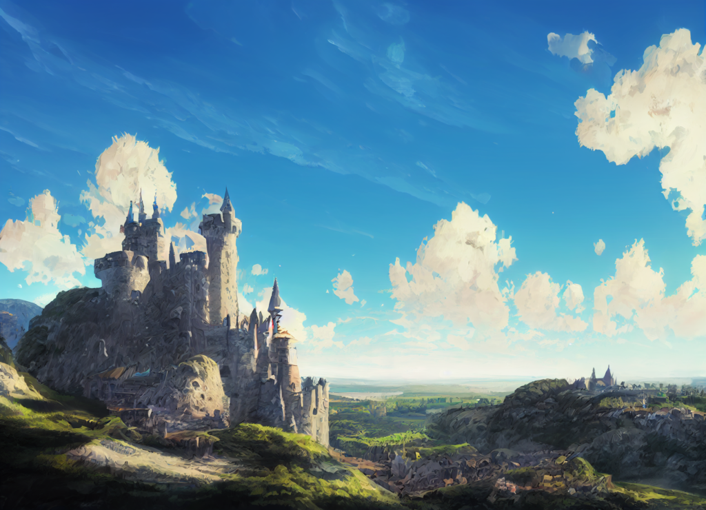 blue sky, castle, valley, concept art, anime, --ar 7:5 --test --creative