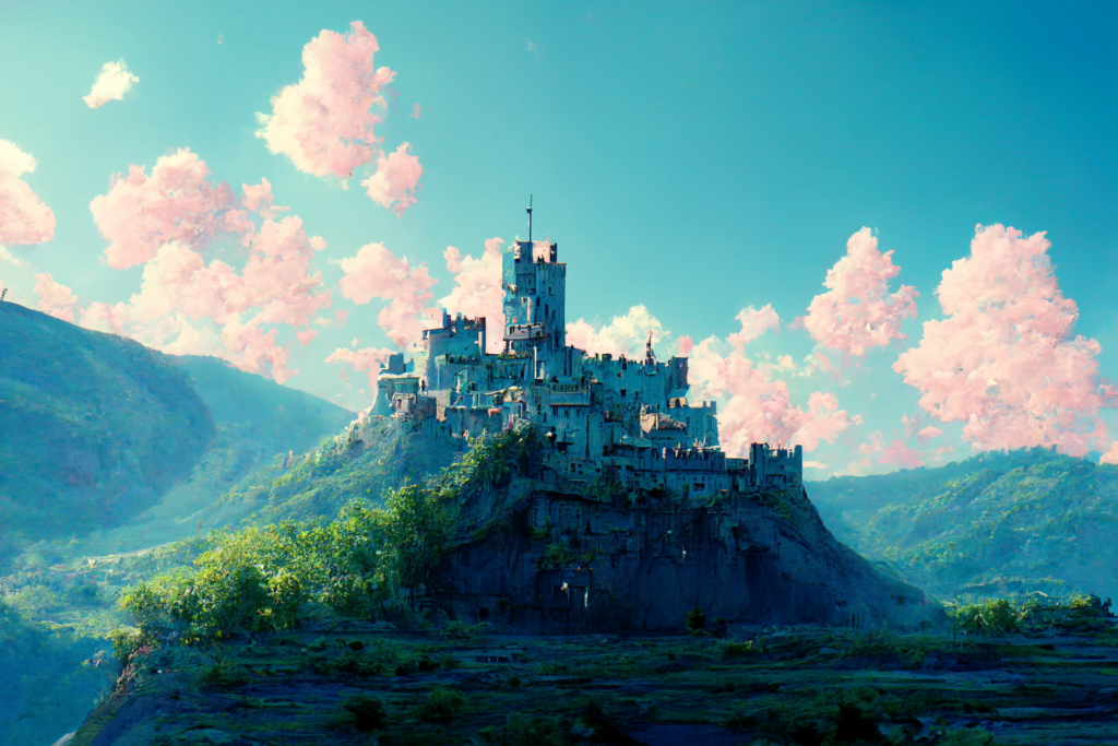 blue sky, castle, valley, octane render, anime, --ar 7:5