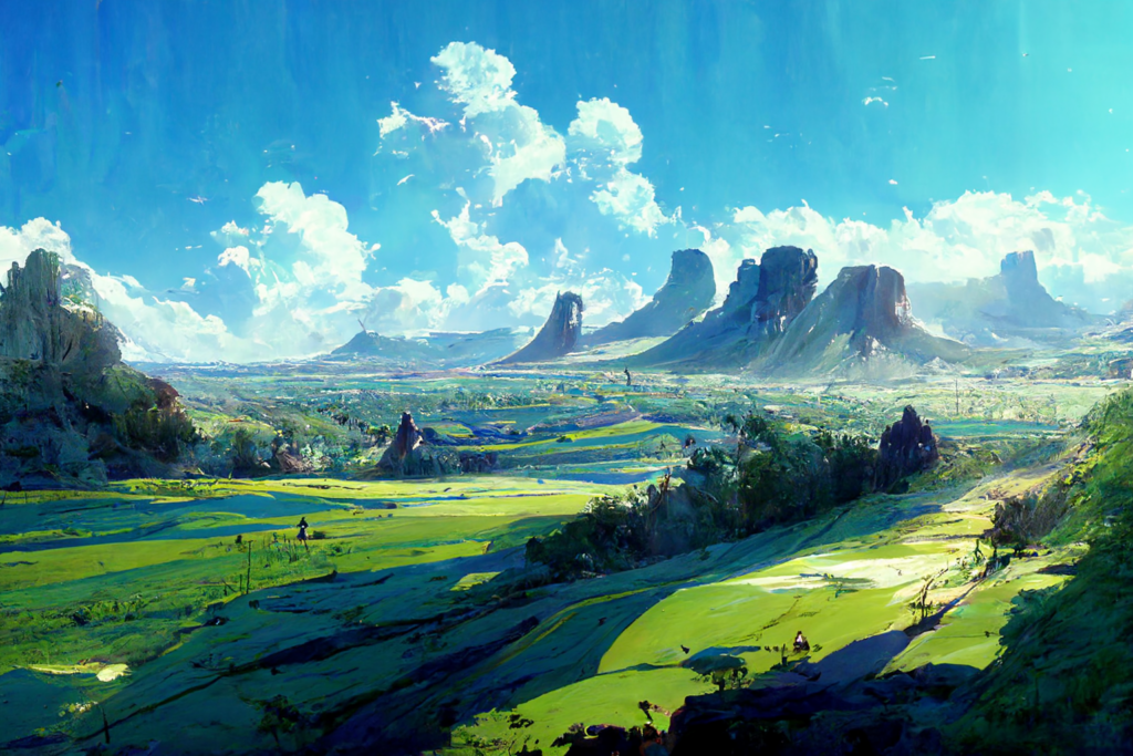 blue sky, valley, concept art, anime, --ar 7:5