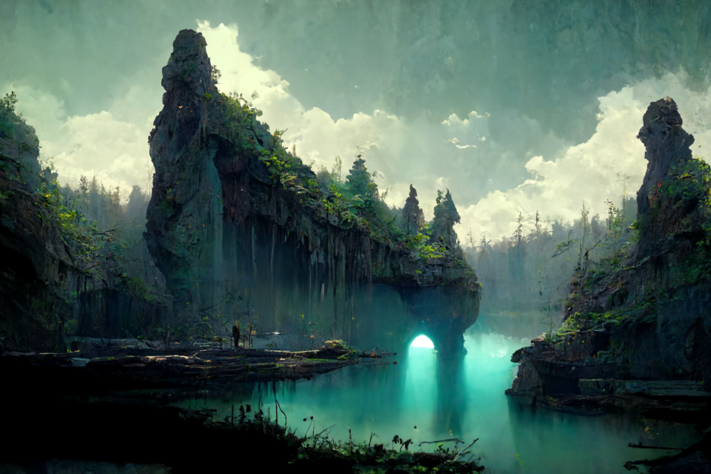 caves, lakes, forest, volumetric lighting, concept art, anime, --ar 7:5