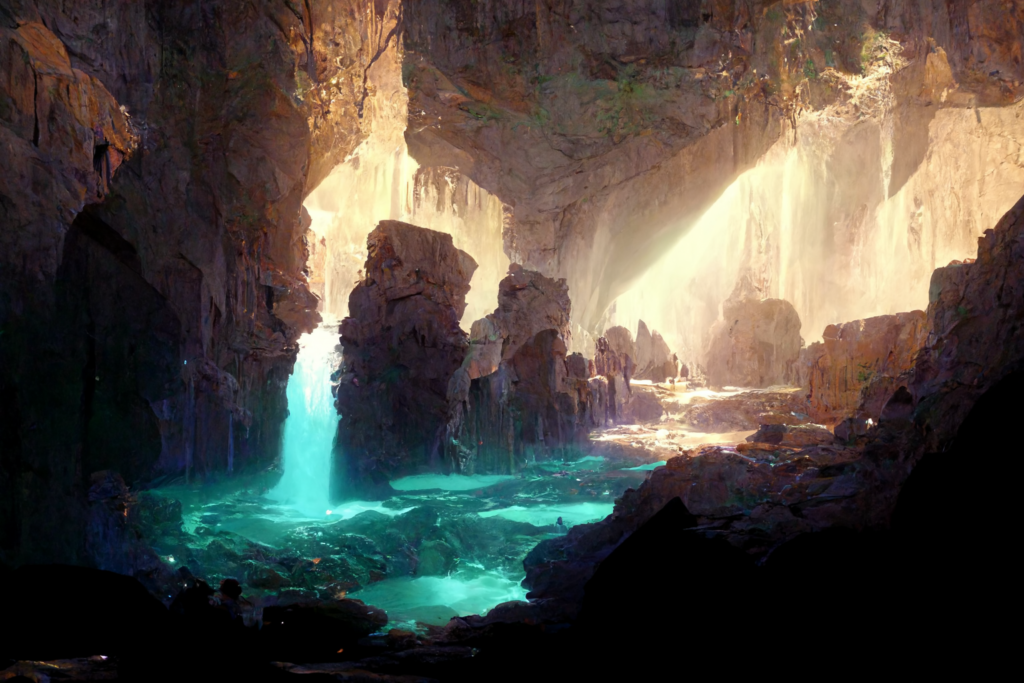 caves, lakes, waterfalls, volumetric lighting, concept art, anime, --ar 7:5