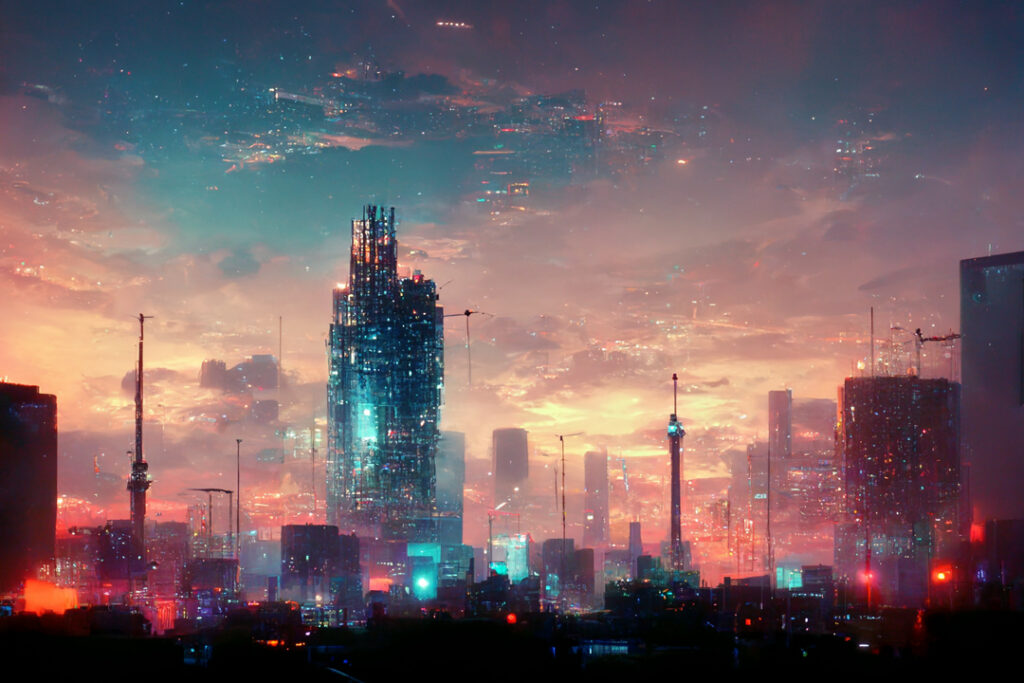cityscape, anime, octane render, --ar 7:5