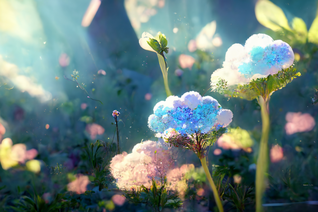 flower garden, blue sky, volumetric lighting, concept art, anime, --ar 7:5