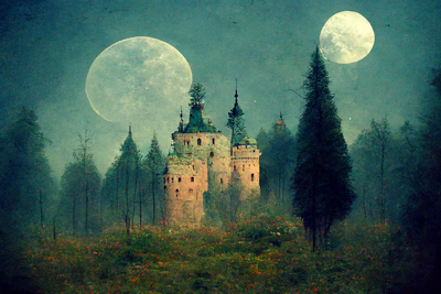 forest, moon, castle, --ar 7:5