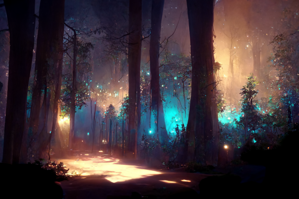forest, night, volumetric lighting, concept art, anime, --ar 7:5