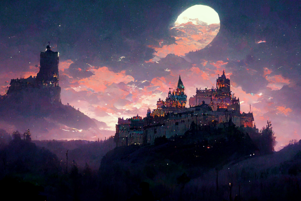 midnight, castle, valley, concept art, anime, --ar 7:5