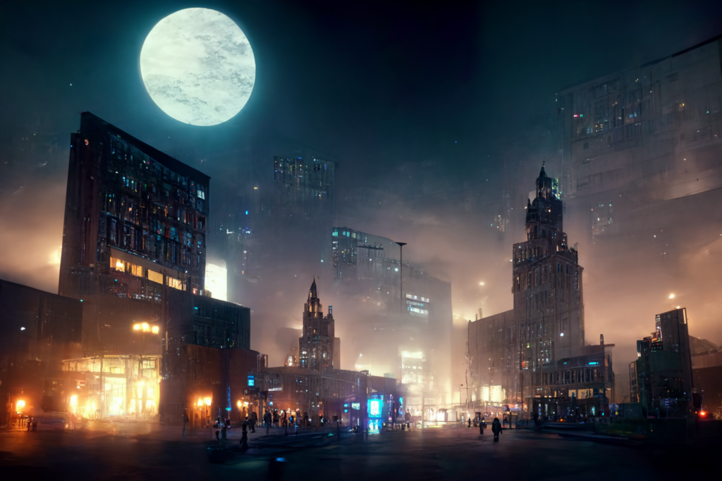 midnight, city, unreal engine, octan render, --ar 7:5