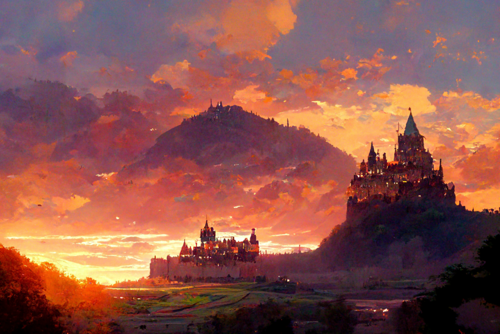 sunset, castle, valley, concept art, anime, --ar 7:5